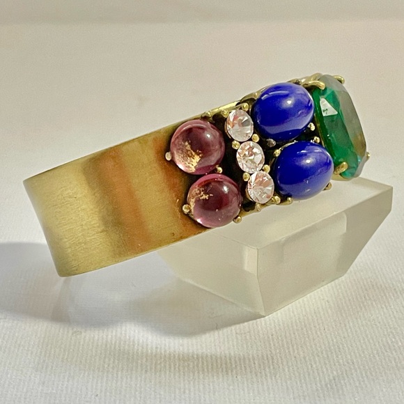 Rare YOSCA Jeweled Cuff Signed Ruby Emerald Sapphire Gemstones Antique Gold - Picture 3 of 7